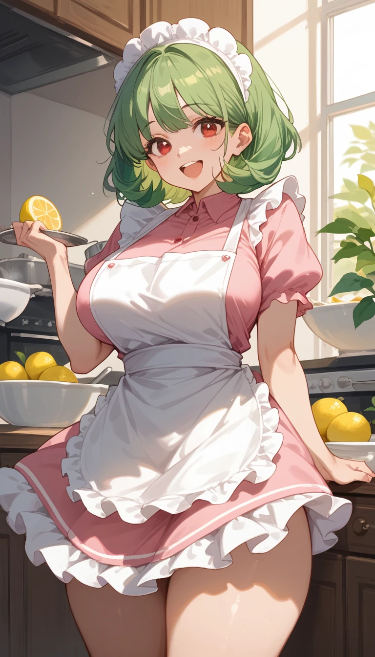 A girl with short mint green hair , Big breasts,  thick thighs , red eyes, happy facial expression, wears a fluffy pale pink dress , over the dress she wears a white cooking apron, in her hands wears a lemon tree  