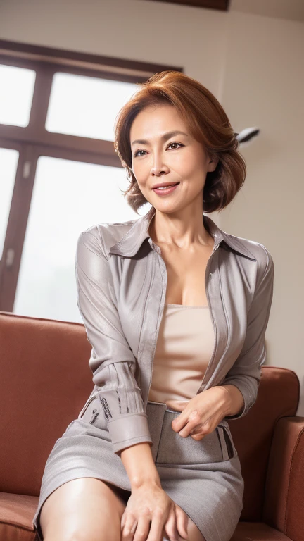 (masterpiece:1.4),(65-year-old woman:1.5),(facial wrinkles 1.2),acnes, thick lips, A kind smile,maternal,Mature Woman, business suit, sitting on a sofa