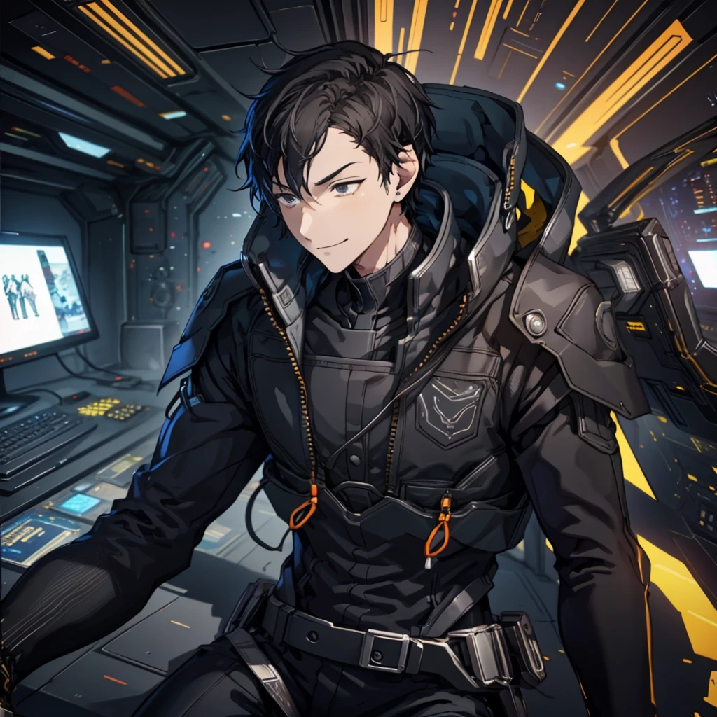  illustration of a young man , Black Hair, Short Hair, Black Eyes,  short wolf hair , 20-year-old man, I'm wearing a black skinny pilot suit,  relaxing in a spaceship lobby , A smirking expression, Official Art、 best quality 、 unity 8k Wallpaper 、32K、masterpiece、Super detailed, Male nose, Male Eyes , Male outline ,  male skeleton , Male Body, English is displayed on multiple monitors, profile,  looking down from above, {{{APEX}}}, English is displayed on multiple monitors,  looking down from above,