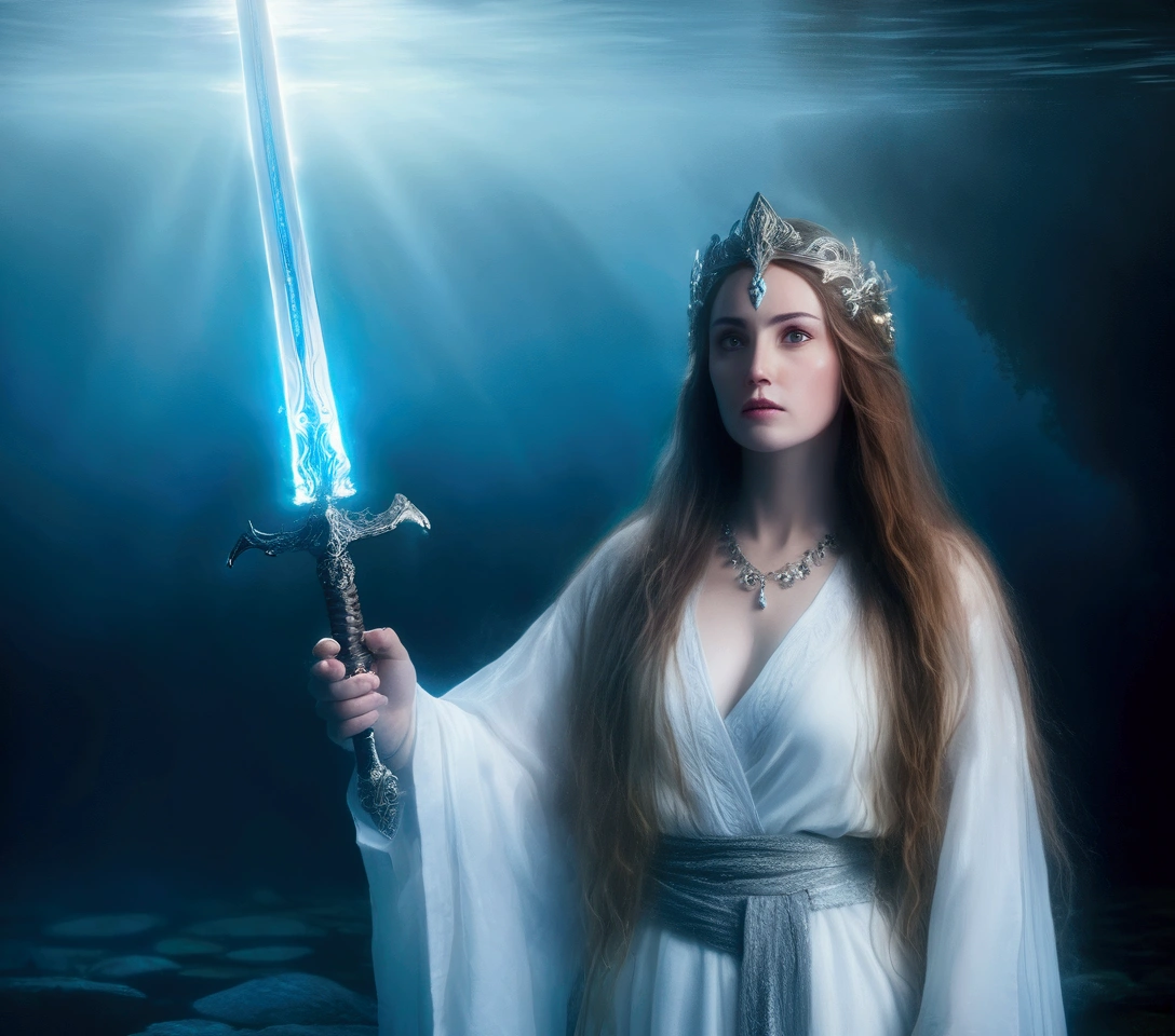 A photo of the legendary Lady of the Lake holding an ornate glowing sword above her head. The Lady of the Lake is wearing a white robe and has long, flowing hair. She is partially submerged in the water. The sword is glowing with a soft blue light. The background is foggy and dark in a misty, dark, ominous scene