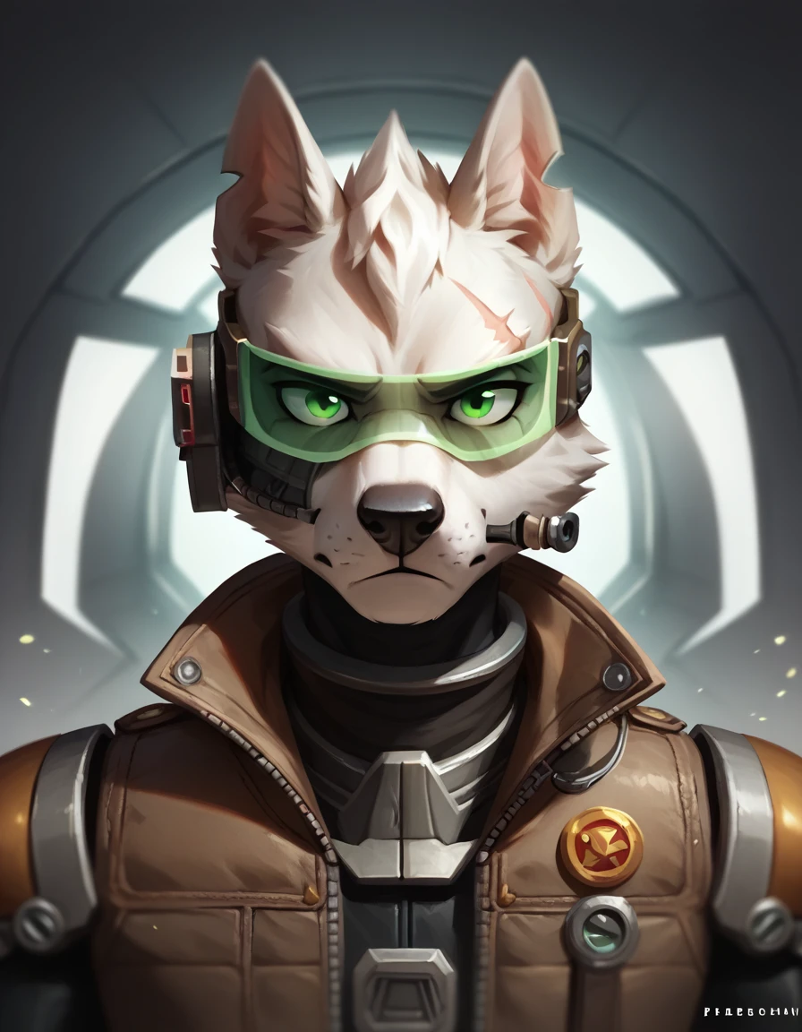 score_9, score_8_up, score_7_up, score_6_up, score_5_up, score_4_up, A portrait an anthropomorphic fox mercenary with gray and white fur, looking directly at the camera. Only his torso is visible, wearing a brown leather jacket with patches, metallic shoulder pads, and a helmet with a green visor that partially reveals his green eyes and a scar across his right eye. The background shows the interior of a sleek, futuristic Arwing cockpit, but without the seat visible, giving focus to Atreus. The lighting should reflect a moody, intense atmosphere, hinting at his serious, battle-hardened personality."