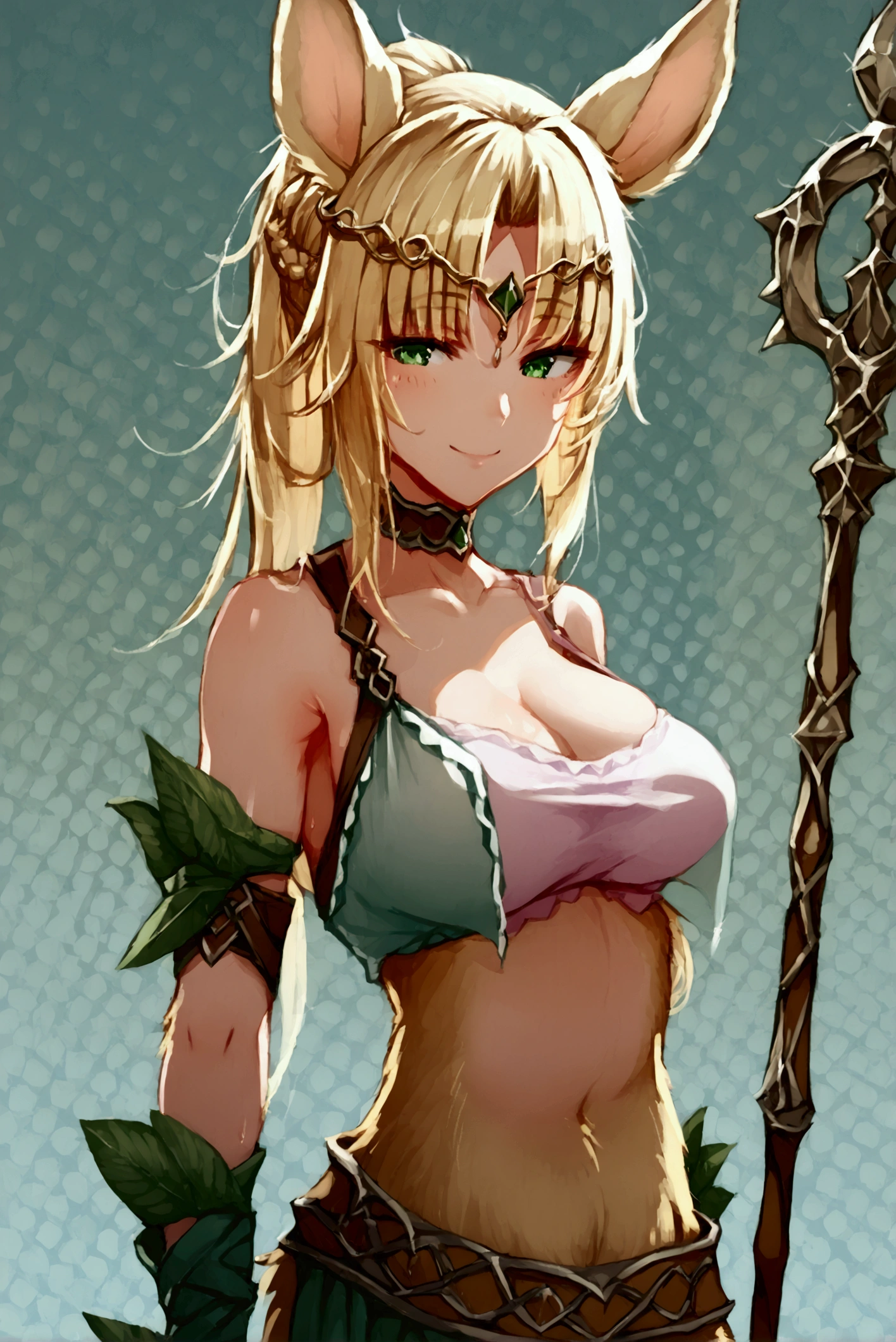 score_9, score_8_up, score_7_up, score_6_up, source_anime, 1girl, animal ears, armpits, bare shoulders, blonde hair, breasts, brown gloves, centaur, circlet, closed mouth, collarbone, elbow gloves, full body, gloves, green eyes, holding, holding staff, horse ears, horse tail, large breasts, long hair, monster girl, multiple legs, parted bangs, pelvic curtain, pink shirt, ponytail, shadow, shirt, sidelocks, signature, simple background, sleeveless, sleeveless shirt, smile, solo, staff, standing, standing on one leg, tail, taur, taut clothes, taut shirt, very long hair, good_hands