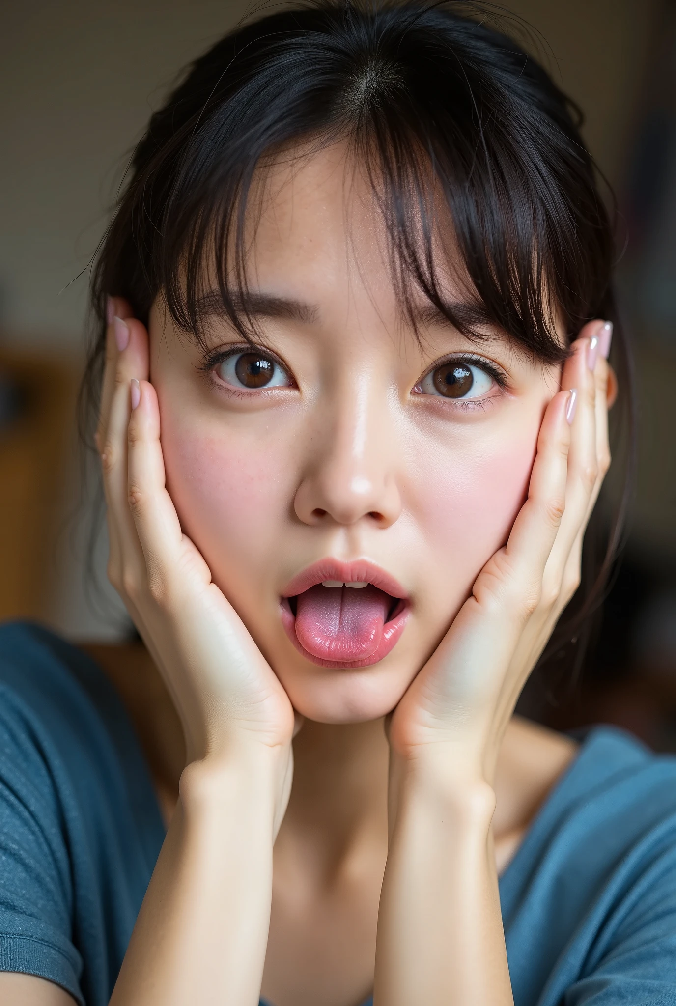 Close-up photo of a woman's face 、( sharp focus ),  From below, (Kneel down and stare upwards :1.10), ((Open your mouth:1.6)), ( stick out your tongue:1.8), (Ultra-detailed beautiful faces:1.10), (Ultra-detailed beautiful slim body:1.9), 21 years old, ( An ultra-detailed, beautiful Japanese beauty female idol :1.7), ( troubled face:1.3), Woman in the center of the image, break, Covering his face with both hands,  photorealistic, Tumbler,  Hyperrealism ,  portrait of young adorable Japanese face, Japanese facial features, Young and cute slender oriental faces , Larisa Manovar, 可愛いの顔21 years oldアイドル,  Beautiful Japanese Girl Face  , Japanese facial features,  she has a cute expression , Asia&#39;s Features