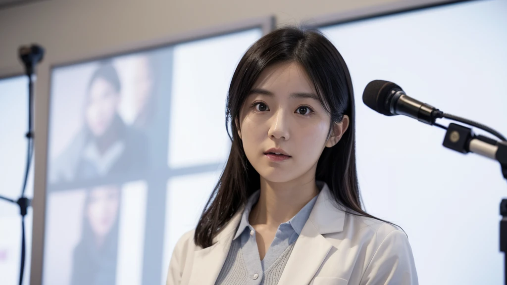 Portrait photo of a Japanese female doctor in her 20s wearing a white coat. She is speaking at a press conference with a serious face. The background is white and blurred.