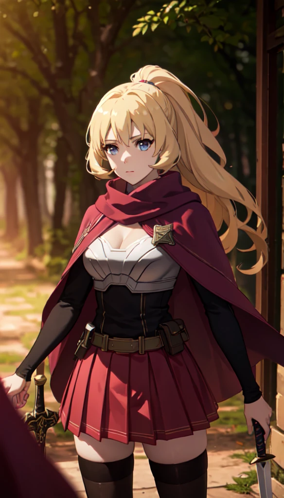 photorealistic, (4k), depth of field, (Masterpiece), (realistic skin texture), extremely detailed, intricate, hyper detailed, professional photography, bokeh, high resolution, sharp detail, best quality, girl, blonde hair, ponytail, blue eyes, purple cape, breastplate, leather belt, black sleeves, purple pleated skirt, black thighhighs, dynamic pose, (slouching), morning dawn, mystical dense fog, epic scene, haunting mist, outdoors, forest, stone ruins, adventurer, cleavage, sword, daggers, tight clothing, 