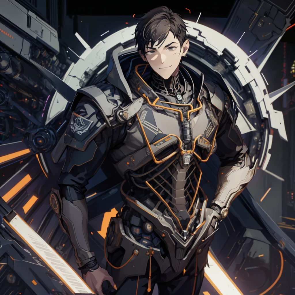  illustration of a young man , Black Hair, Short Hair, Black Eyes,  short wolf hair , 20-year-old man, I'm wearing a black skinny pilot suit,  relaxing in a spaceship lobby , A smirking expression, Official Art、 best quality 、 unity 8k Wallpaper 、32K、masterpiece、Super detailed, Male nose, Male Eyes , Male outline ,  male skeleton , Male Body, English is displayed on multiple monitors,  looking down from above, {{{APEX}}}, English is displayed on multiple monitors,  looking down from above,