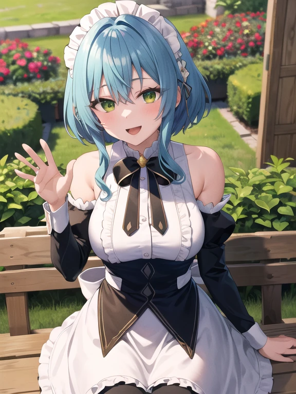 masterpiece, best quality, highres, aavillhaze, short hair, maid headdress, green eyes, breasts, maid, black bowtie, bare shoulders, frills, dress, underbust, detached sleeves, long sleeves, maid apron, garden, bench, sitting, waving, smile, open mouth,