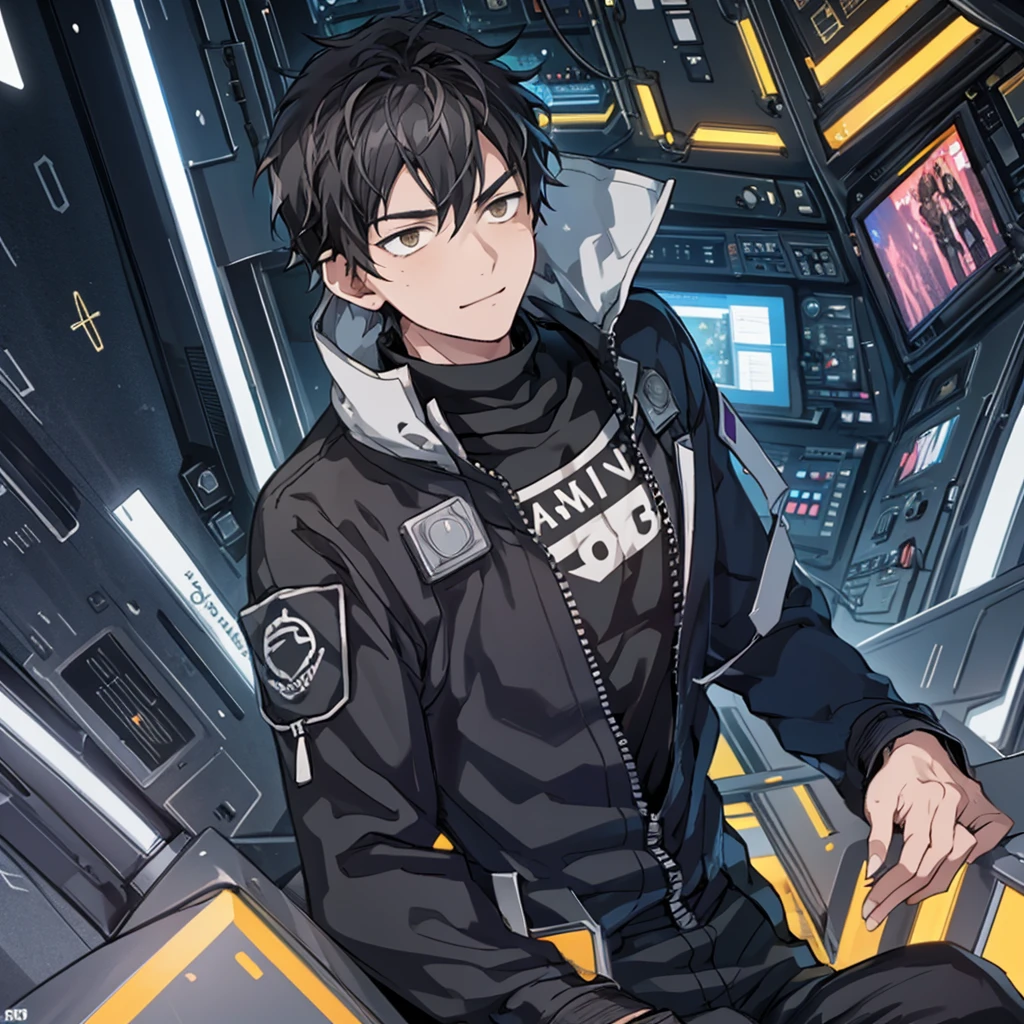  illustration of a young man , Black Hair, Short Hair, Black Eyes,  short wolf hair , 20-year-old man, I'm wearing a black skinny pilot suit,  relaxing in a spaceship lobby , A smirking expression, Official Art、 best quality 、 unity 8k Wallpaper 、32K、masterpiece、Super detailed, Male nose, Male Eyes , Male outline ,  male skeleton , Male Body, English is displayed on multiple monitors,  looking down from above, {{{APEX}}}, English is displayed on multiple monitors,  looking down from above,