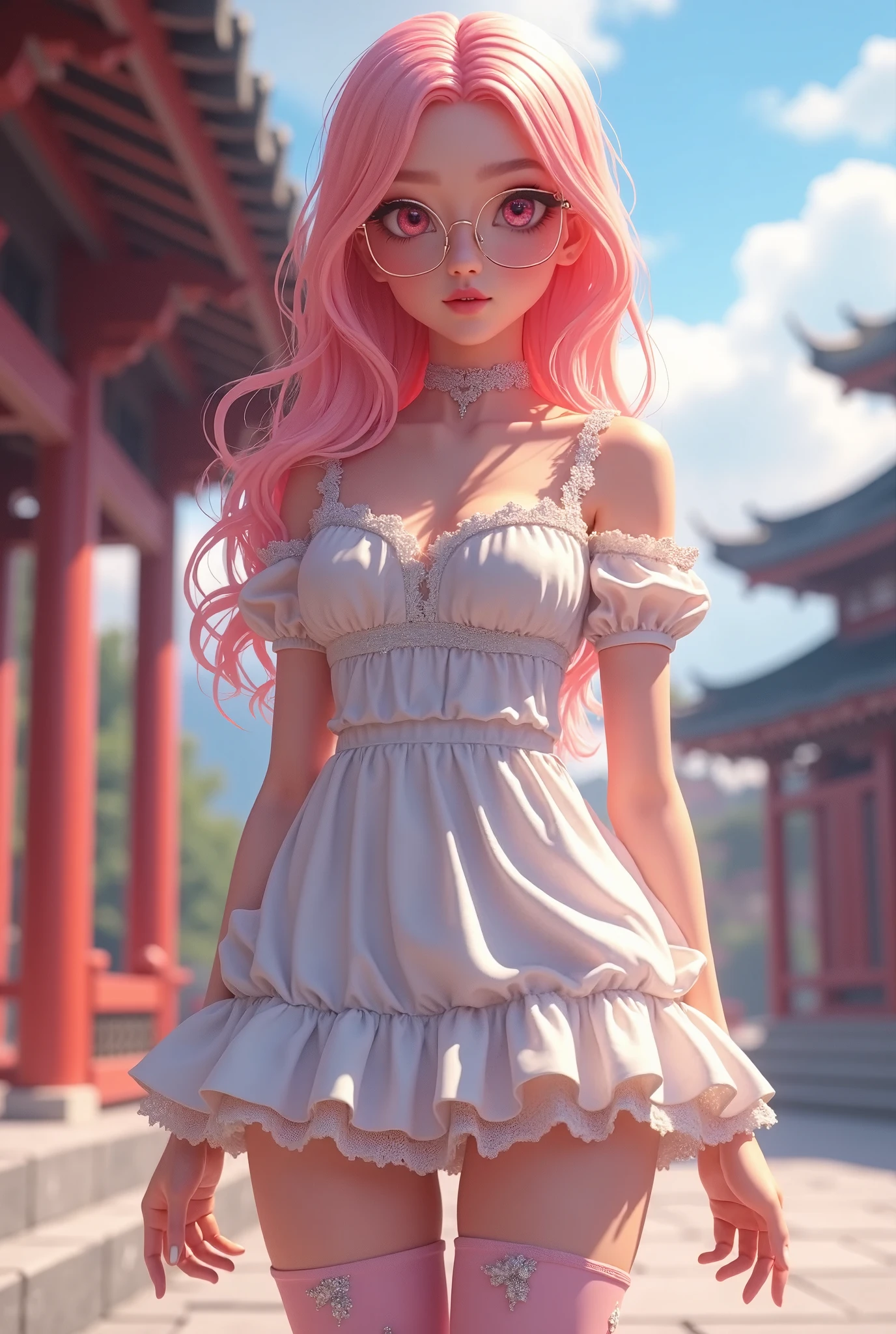 ((RAW photo), absurd, (absurdresolution)), masterpiece, best quality, (Extremely detailed CG unity 8k wallpaper), (best illustration), (best shadow), Realistic lighting, beautiful detailed glow, hyperrealism, (Beautiful woman, Gorgeous, 18 years old)), (light pink eyes, sharp pupil, real, large transparent glasses), (makeup), (salmon pink hair), (pink stockings with frets, short white dress, crinolines), ((clear sky, wooden oriental style house)), (Photographic Perspective). «SunPuma S»