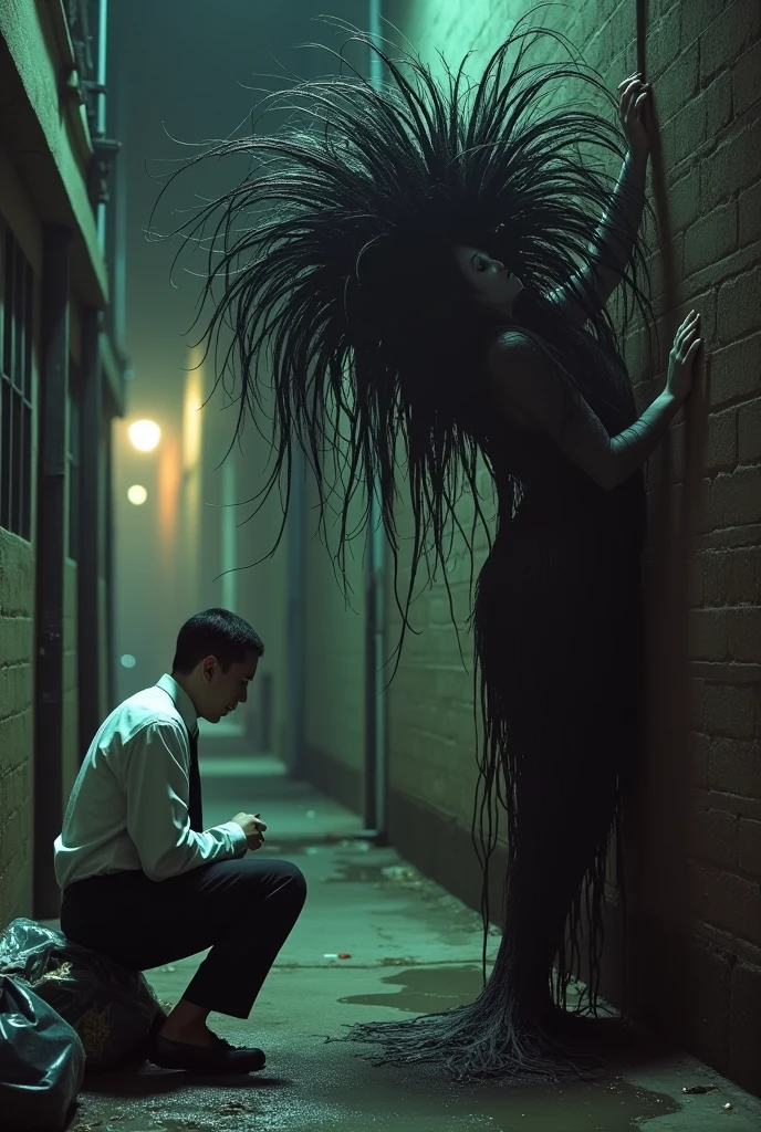 cute woman (role of an angry Asian ghost, pale wet skin, crazy long hair that makes evil spiderweb like structures in scene, evil eyes) is clinging to the alleyway walls like a spider hungrily stalking her target, in the alleyway a drunken business man takes a pee on a bag of trash, dreary night, horror, ghost stalks man
