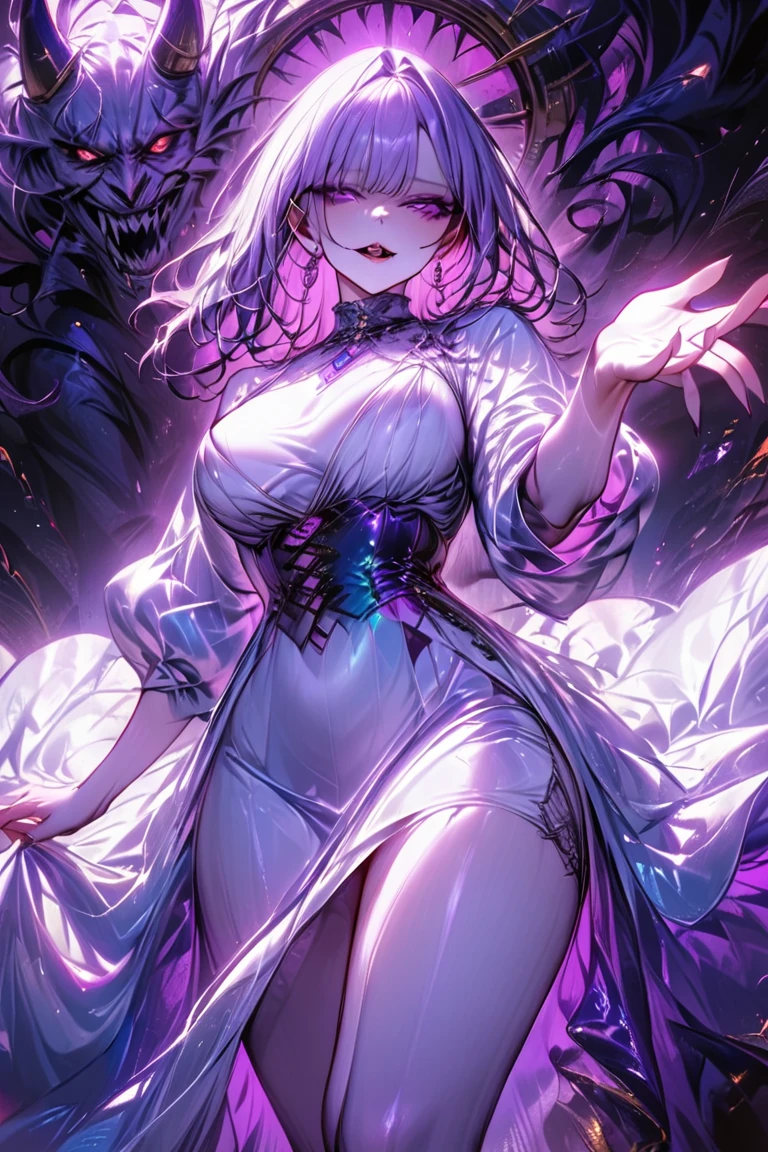  1 mature beautiful woman ,(Best Quality, very detailed depiction , Incredibly Absurd Hi-Res, Sharp Teeth Like a Beast ,Curvaceous body),(Woman Ghosted :1.3),(white gothic dress:1.3),( purple eyes,Eyes of Madness:1.3, glamorous body ,Beautiful legs,Beautiful legs,Pale skin:1.2),(Reaching out my hand:1.3,),Full body image:1.5,