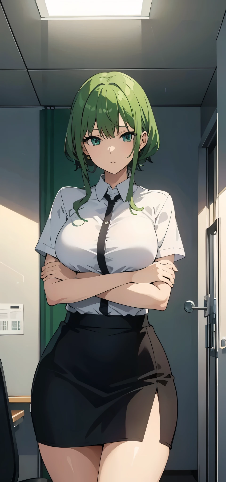 Anime women, green hair, standing in office, anime office women, office skirt , shirt, half sleeve, woman, mature , office 