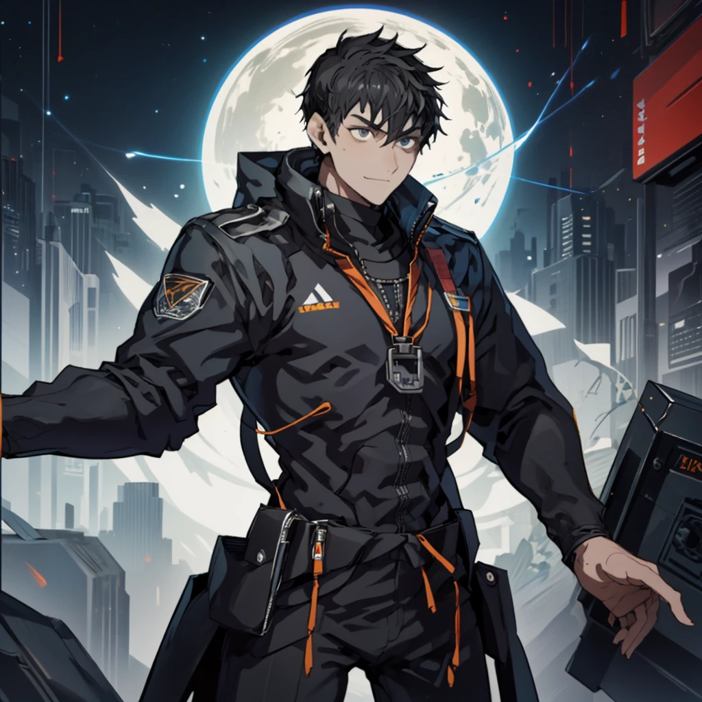  illustration of a young man , Black Hair, Short Hair, Black Eyes,  short wolf hair , 20-year-old man, I'm wearing a black skinny pilot suit,  relaxing in a spaceship lobby , A smirking expression, Official Art、 best quality 、 unity 8k Wallpaper 、32K、masterpiece、Super detailed, Male nose, Male Eyes , Male outline ,  male skeleton , Male Body, English is displayed on multiple monitors,  looking down from above, {{{APEX}}}, English is displayed on multiple monitors,  looking down from above,