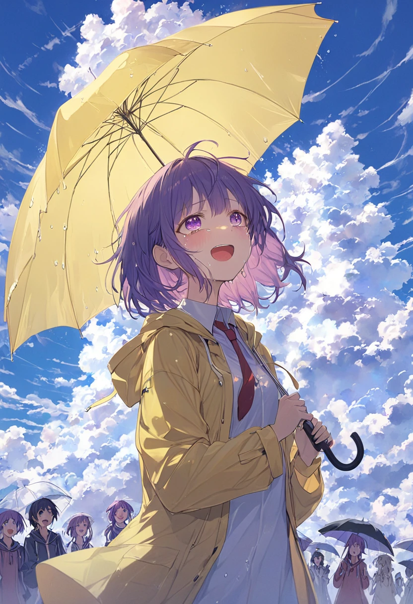 ((anime))、pastel、 woman,student,Holding an umbrella,Reaching for the sky, white cutter shirt ,Undressed,Red tie, Yellow Raincoat,Purple Hair, crying,Laughing and crying,Clear sky, Light Through the Clouds ,Black Cloud,Mystical Masterpiece ,Best Quality,Exquisite,8k, absurd with 22 people, super detailed illustrations,( watching the audience)