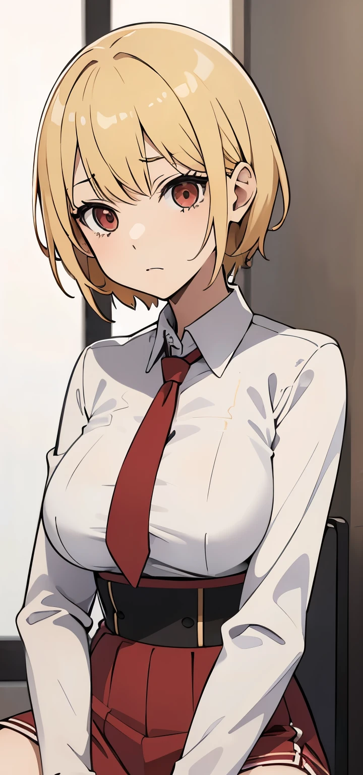 Anime girl blonde hair, short hair, wearing white shirt red tie, siting 