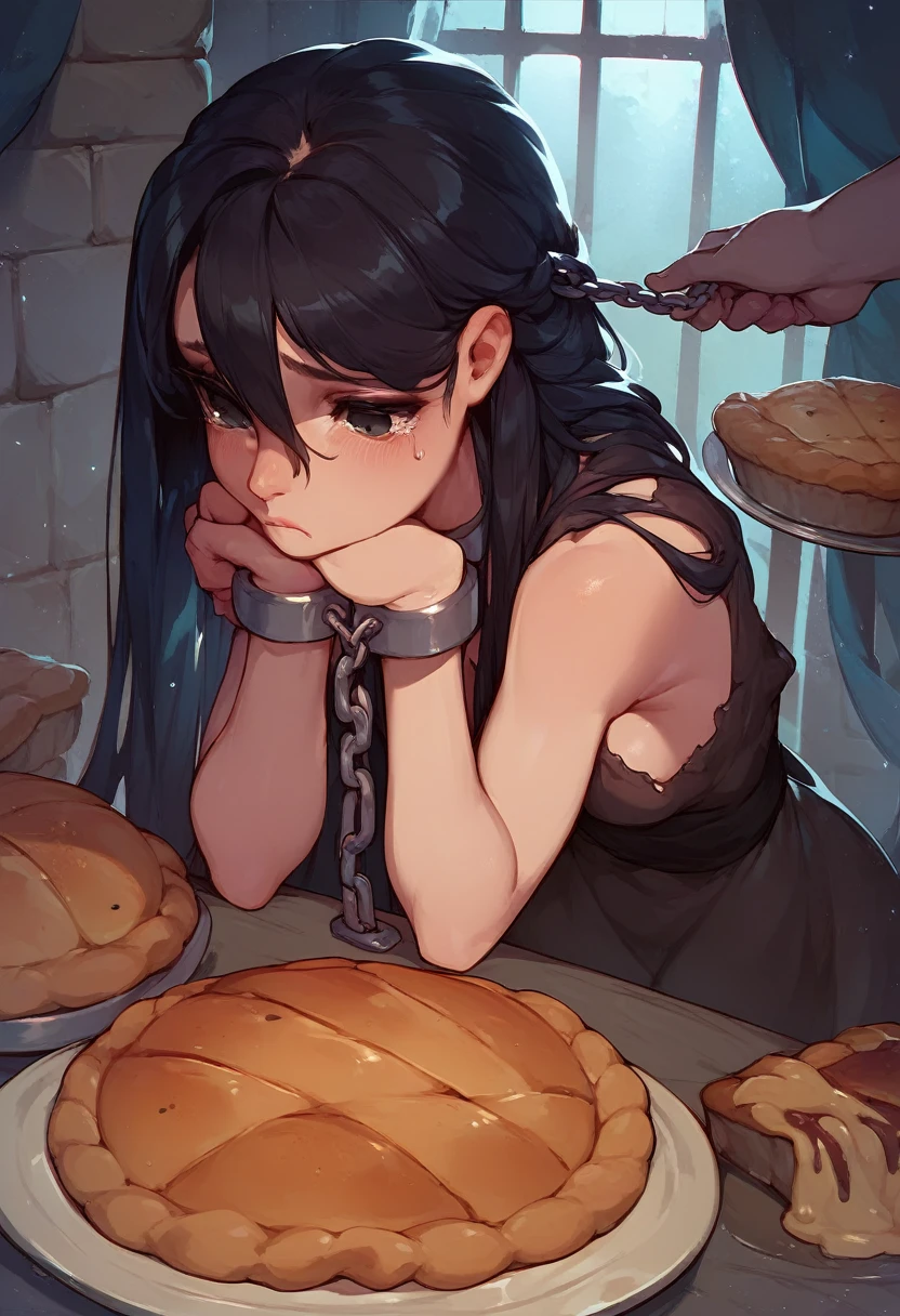 1girl,  black eyes , shackles on the hands, pies, slave,  black hair ,  long hair , young, in dungeon, sad
