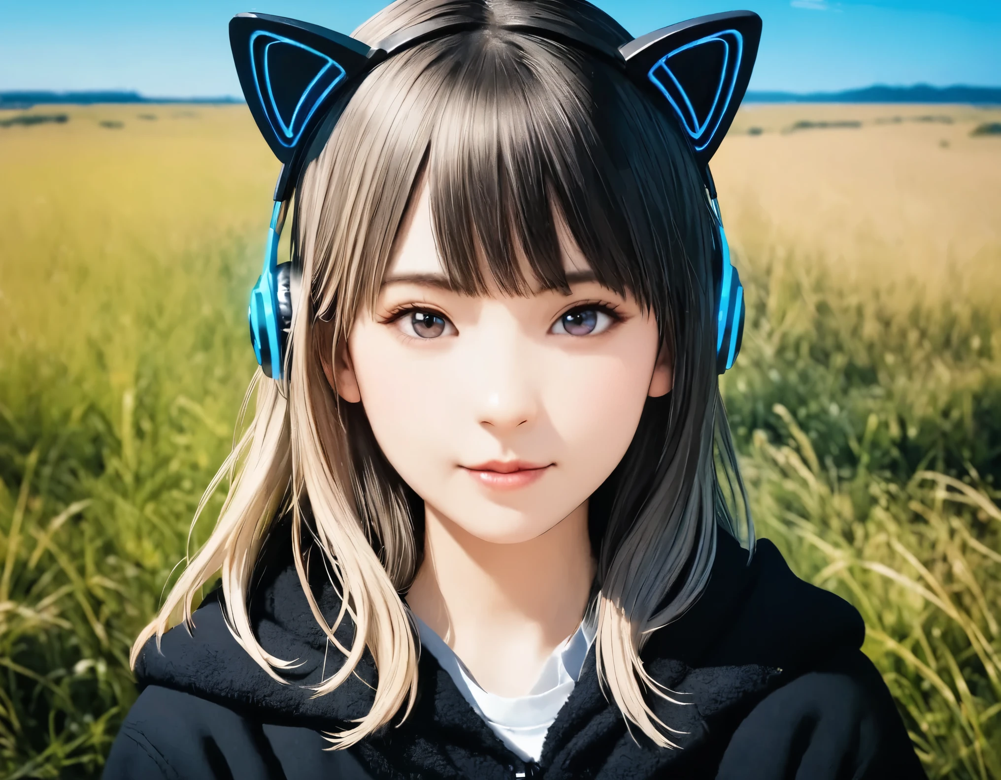 (best quality, 8k, high resolution:1.2), 1girl, cat ear headphone, grassland, blue sky, upper body