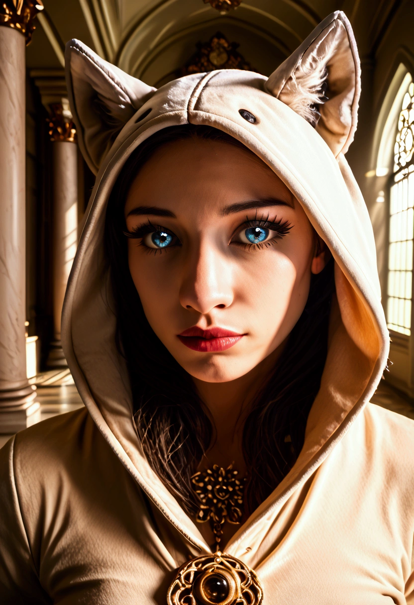 1girl, beautiful detailed eyes, beautiful detailed lips, extremely detailed eyes and face, long eyelashes, 18 year old girl, wolf costume, luxurious anime style mansion interior, lost parasite, (best quality,4k,8k,highres,masterpiece:1.2),ultra-detailed,(realistic,photorealistic,photo-realistic:1.37), cinematic lighting, dramatic lighting, intricate details, ornate interior, baroque style, dark moody atmosphere, rich colors, dramatic shadows