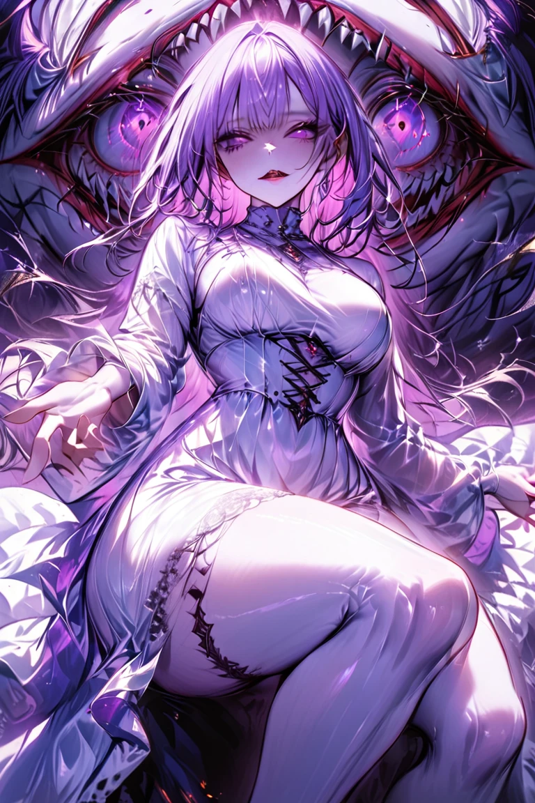  1 mature beautiful woman ,(Best Quality, very detailed depiction , Incredibly Absurd Hi-Res, Sharp Teeth Like a Beast ,Curvaceous body),(Woman Ghosted :1.3),(white gothic dress:1.3),( purple eyes,Eyes of Madness:1.3, glamorous body ,Beautiful legs,Beautiful legs,Pale skin:1.2),(Reaching out my hand:1.3,),Full body image:1.5,