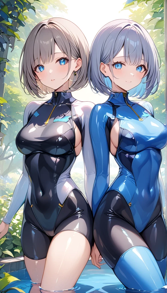 (2 girls),(最High image quality, 8k, masterpiece:1.3), (24 years old:1.5), (Grey Hair), ( bob cut), (Oblique sky blue eyes), ((full-body rubber suit、blue、yellow line、no zipper 、Rubber Suit、Gloss、reflection、Perfect fit、Full body shot、garden、sun、sunlight)), ([Ultra Clear:1.5), (Glossy skin:1.1),(Pale skin:1.1),High image quality、Clear contours