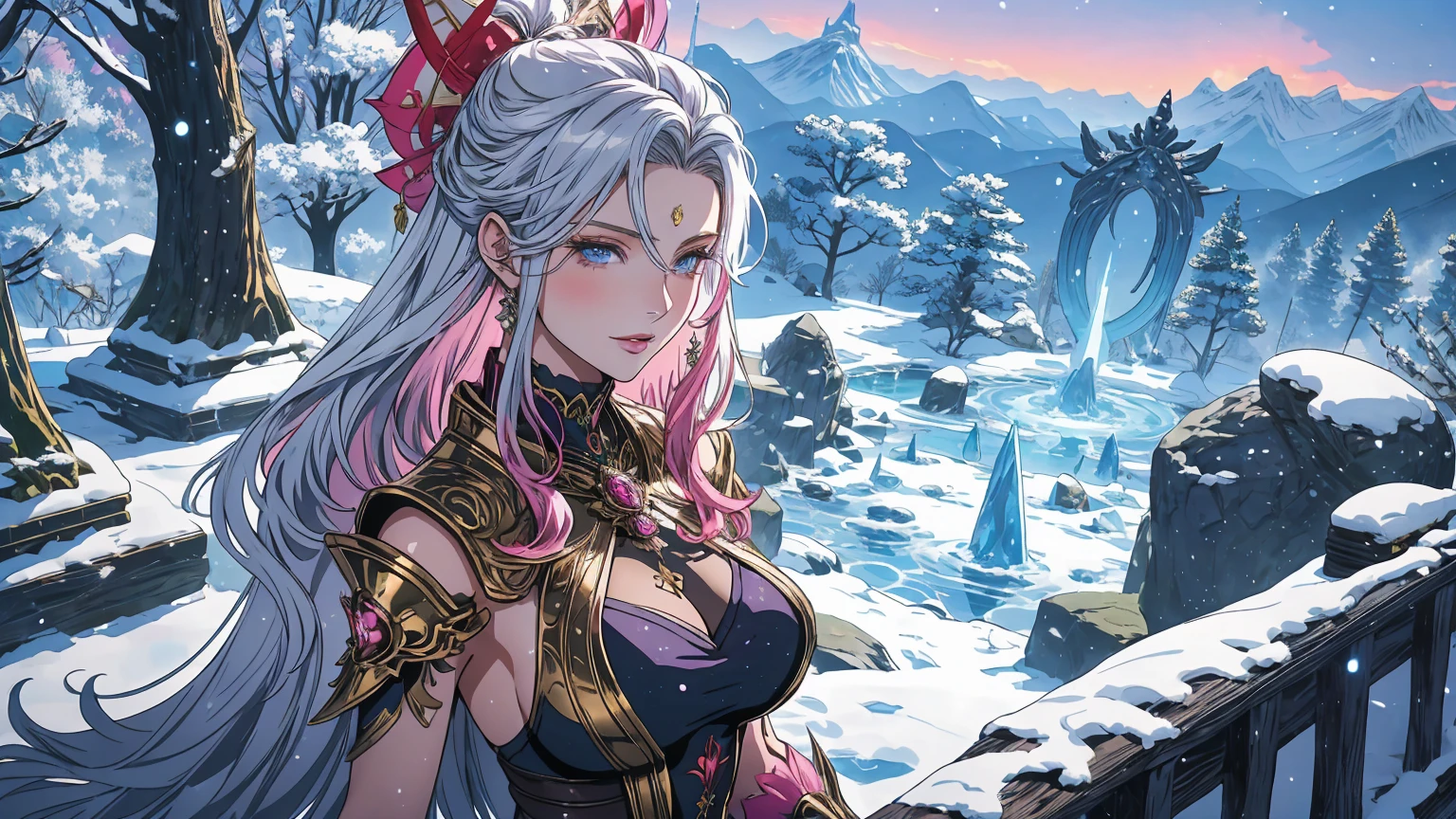 Enchanting Modern Anime Scene: In a breathtakingly beautiful wild landscape, a stunning female barbarian stands confidently. Her radiant smile and glowing golden eyes highlight her extraordinary beauty, complemented by long silver hair framing her face. This 18-year-old European warrior, appearing to be Russian, wields an ornate tribal staff adorned with colorful feathers, symbolizing her deep connection to nature.
Set in an ancient, mystical grove surrounded by towering trees, the scene is alive with the gentle sounds of nature. Her model-like beauty is accentuated by sparkling blue eyes, defined cheekbones, and tattoos of red roses and ancient symbols on her arms. With a charming expression, she exudes a captivating presence.
The backdrop features majestic mountains draped in lush greenery and snow, under a dramatic sky painted in hues of purple, deep blue, and vibrant pink. This enchanting environment is enriched with vibrant flora and soft light, creating a magical atmosphere.
The warrior strikes a playful combat stance, revealing her toned arms in lightweight armor made of metal and leather. This artwork expertly blends the aesthetics of Genshin Impact and anime, capturing a confident and beautiful warrior ready to face challenges. Rendered in ultra-realistic CG, it presents a richly detailed landscape that invites viewers into an otherworldly realm filled with enchanting beauty.