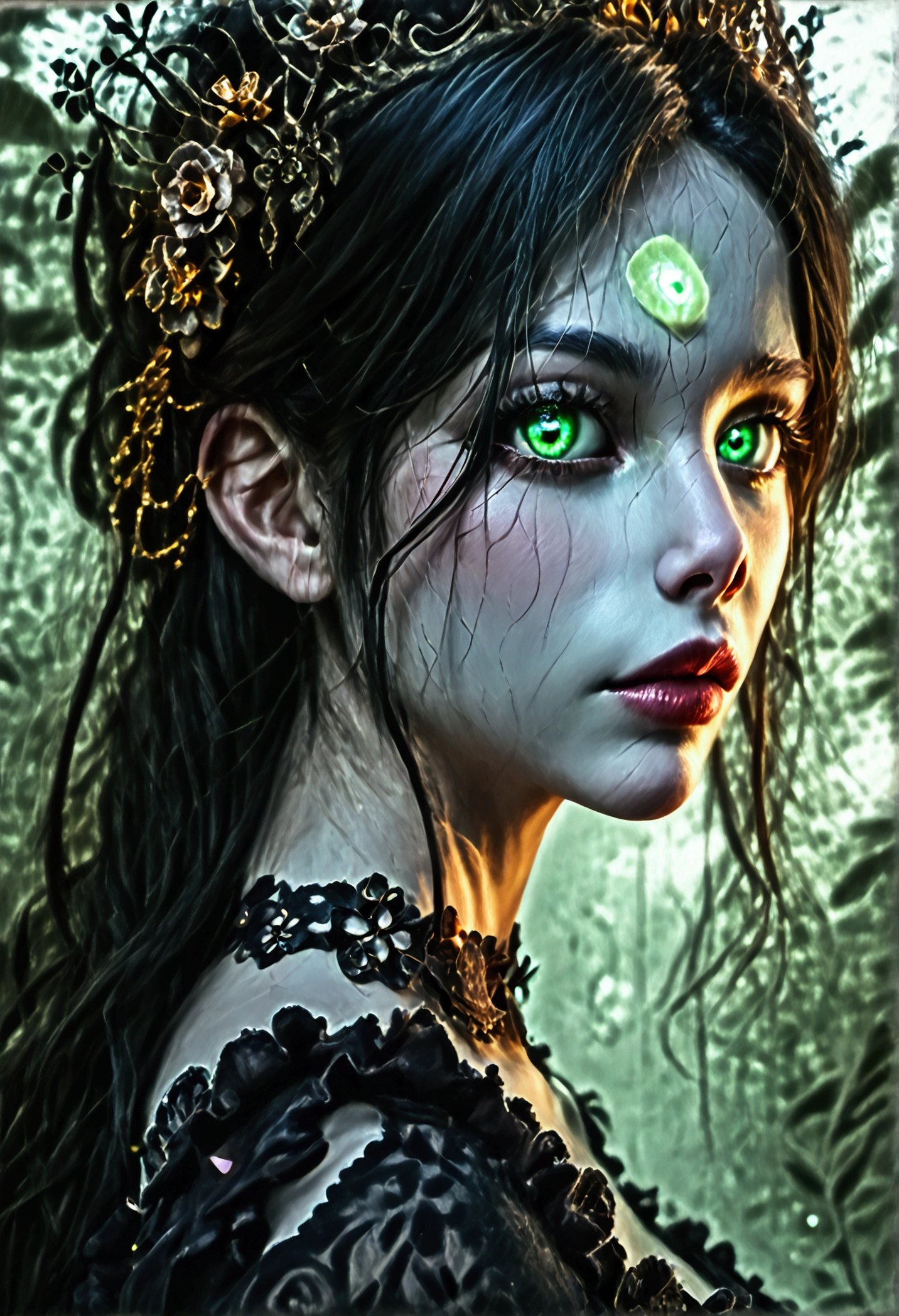 a beautiful gothic girl, hyper detailed face, striking green eyes, long black hair, dark elegant dress, glowing skin, beautiful detailed lips, extremely detailed eyes and face, longeyelashes, (best quality,4k,8k,highres,masterpiece:1.2),ultra-detailed,(realistic,photorealistic,photo-realistic:1.37),dark fantasy,fantasy art,cinematic lighting,dramatic lighting,moody lighting,dark color palette,dramatic colors,chiaroscuro