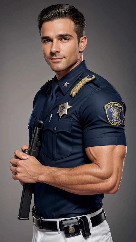 photography, best quality, high resolution, male focus, a cop workin with a tight police uniform, police holster belt,  him have a muscular chest wearing cop shirt, day light, wide shoulders, slim commom shape, very virile, 37yo cop, solo, wavy short messy hair style, cute and atractive smile, facial hair, roman nose, sweaty wet on uniform armtips, front view, HDR, ultra quality, elegant, highly detailed face