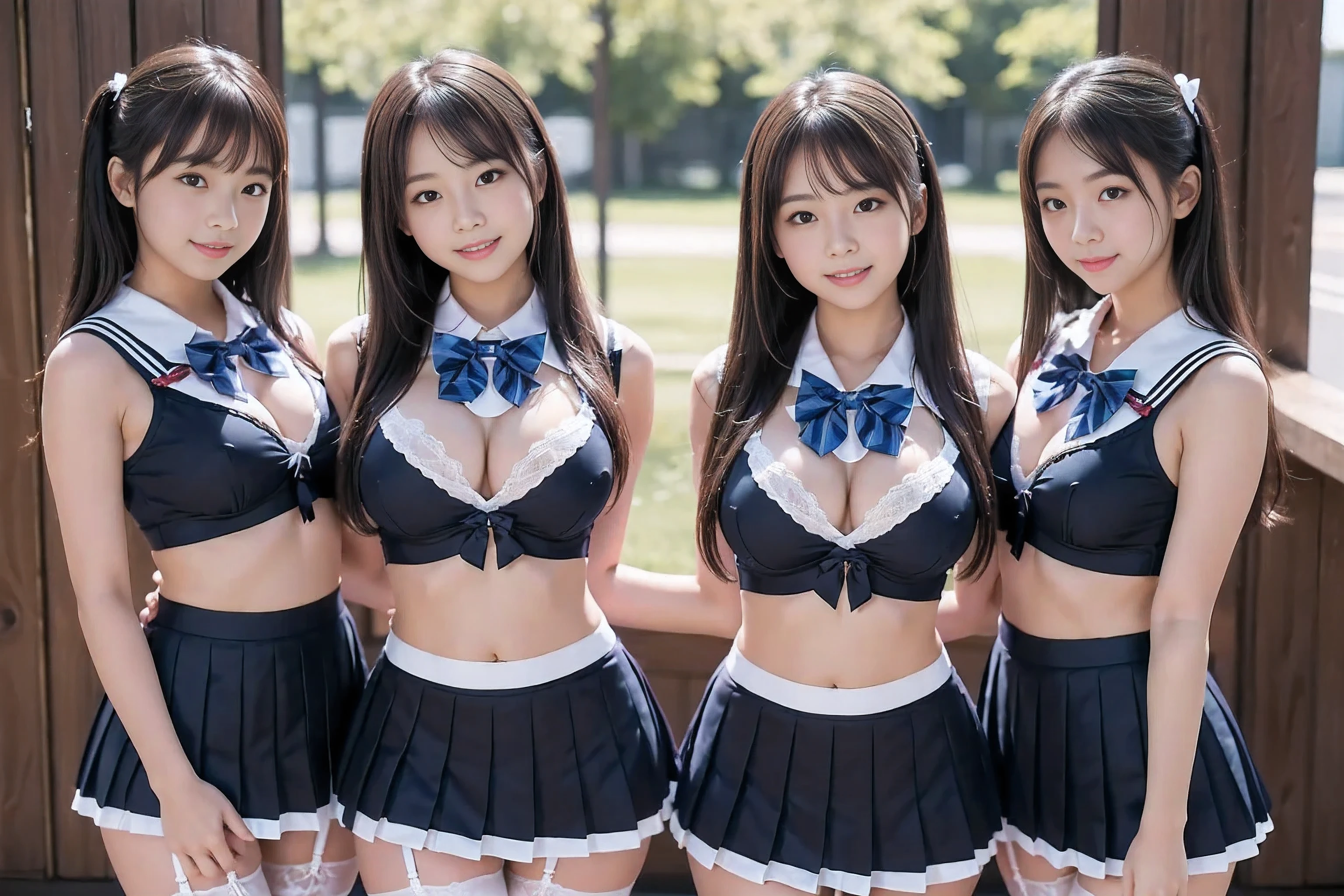 (4k, high quality, high quality, masterpiece), (realistic), ((three girls in front of me, equally centered left and right, from head to thighs)), (((turn your body to me and look at me))), (((bow tie around neck, sailor lingerie, pleated micro mini skirt))), (black hair,  face, smile, beautiful cleavage, beautiful thighs)), The high school girls were captured by me and brainwashed to obey me, they were made to wear sailor-fuku and lingerie to satisfy my desire, and I would nap them and make them my subordinates.