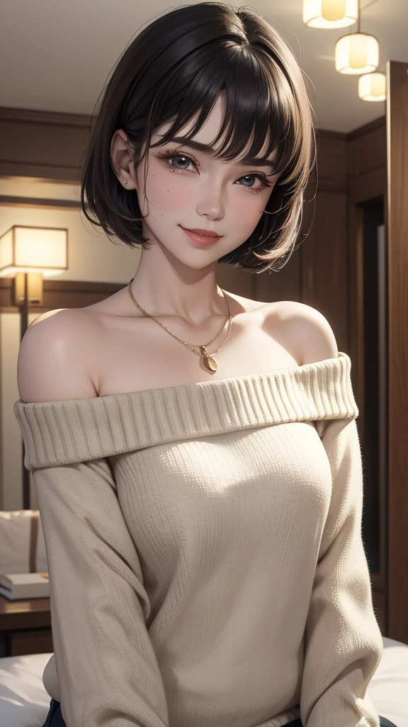 high quality, masterpiece,  ultra-high resolution, Realism,  1 girl at home,  Off-shoulder, knitting,  Smile,  Smile, Slightly visible , Extra large size_ sweater,  the soft lighting ,  detailed skin , Bangs, Dark hair,  clear eyes , Short hair, transparency, Japan, South Korea,  pretty Woman, [Upper Eyes, Lip Gloss,  thick black necklace , teardrops, Mole on chest,  eye highlights