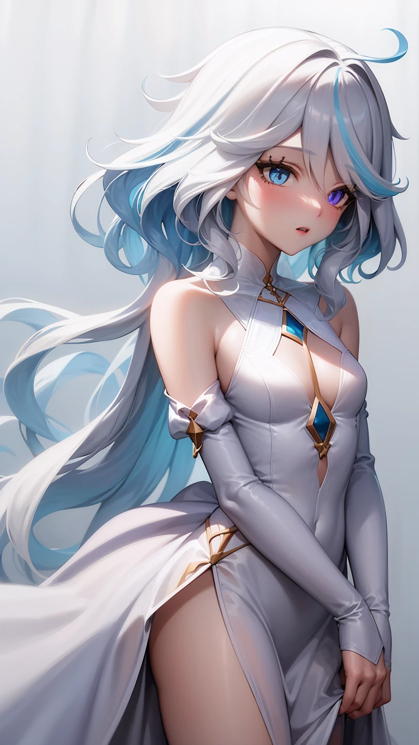 Focalores, Furina, 1 girl, Alone, long hair, Blue eyes,  white hair , corona, dress,  multicolored hair, boca cerrada, cabello azul, upper body part, Streaked hair, long sleeves,   puffed sleeves  , breasts,  looking away , small breasts, white dress,heterochromia