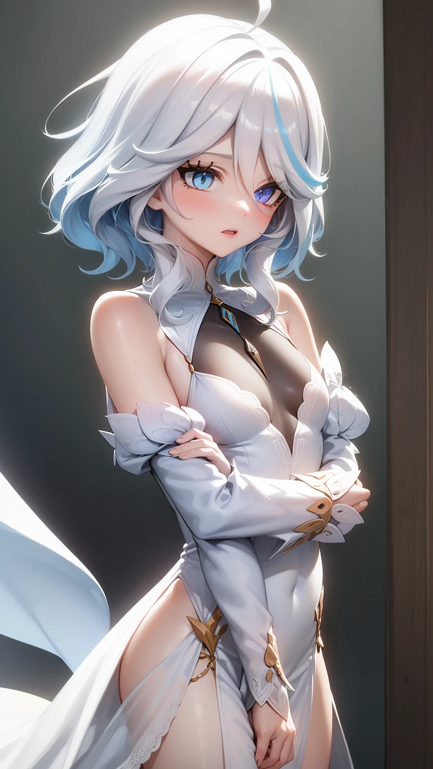 Focalores, Furina, 1 girl, Alone, long hair, Blue eyes,  white hair , corona, dress,  multicolored hair, boca cerrada, cabello azul, upper body part, Streaked hair, long sleeves,   puffed sleeves  , breasts,  looking away , small breasts, white dress,heterochromia