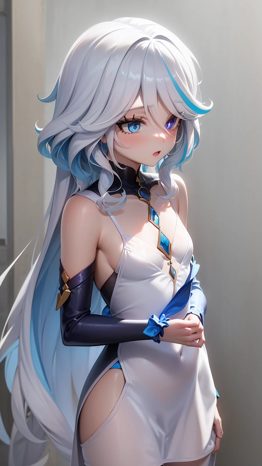 Focalores, Furina, 1 girl, Alone, long hair, Blue eyes,  white hair , corona, dress,  multicolored hair, boca cerrada, cabello azul, upper body part, Streaked hair, long sleeves,   puffed sleeves  , breasts,  looking away , small breasts, white dress,heterochromia