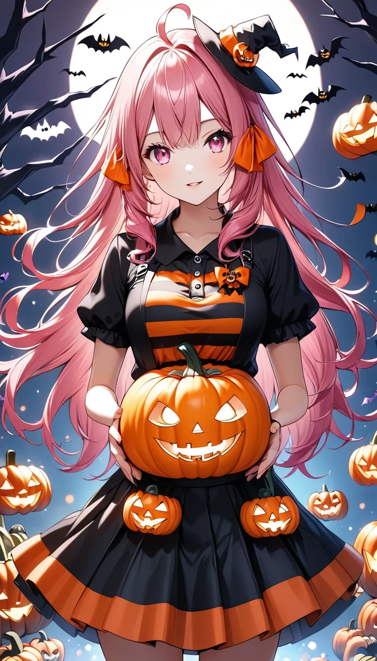 A girl with pink hair and pink eyes in a Halloween theme holding a pumpkin and wearing a black and orange striped shirt as a skirt. the one Halloween Long hair