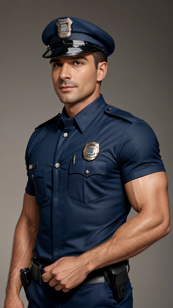 photography, best quality, high resolution, male focus, a cop workin with a tight police uniform, police holster belt, slim waist, thighs,  him have a muscular chest wearing cop shirt, day light, wide shoulders, slim commom shape, very virile, 37yo cop, solo, wavy short messy hair style, atractive smile, facial hair, roman nose, sweaty wet on uniform armtips, front view, HDR, ultra quality, elegant, highly detailed face