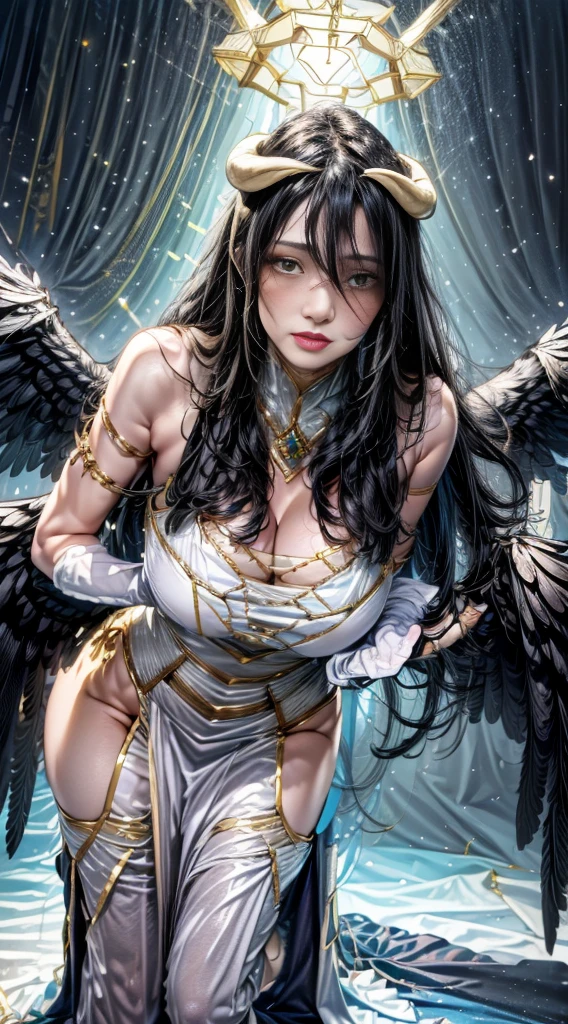 mature Albedo 30 yo, yellow eyes, ultra realistic,comic style Frank miller and Ed Benes,, full body, Masterpiece, Best quality, Ultra-detailed, epic lighting, Cinematic composition, isometry,(hexagons:1.2), 1girll, Horns, Solo, Yellow eyes, Black hair, Long hair, (Low wing:1.2), Large cleavage, Bare shoulders, hair between eye, Medium breasts, (White dress:1.1), Golden decoration, Detached collar, yellow Eyes, parted hyper puffy lips, Blush, Black feathers fall, Arena, particle fx, (8K:1.1), blushing face , transparent cloth, from bellow,  yellow eyes