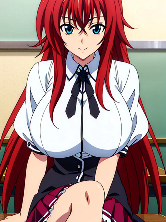  sitting on a school chair., Black Cloak, black neckwear, white shirt, Short sleeves, Red pleated skirt , Sailor collar, classroom background,  Rias Gremory ,   POV below the animated cell style, Top quality ,  high resolution, 1 woman, (Huge breasts:1.2),  beautiful face,  red hair,very long hair,  blue eyes on the desk,  Sneaking In , Smile, 