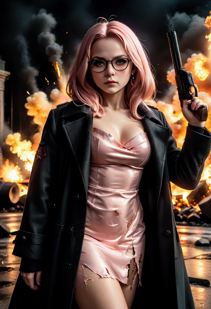 teenager Anya Forger (Spy x Family), pink hair, in a secret mission, wearing a Torn Princess dress under a open coat, using black glasses, posing with a gun in her hands, in the back there are a explosion