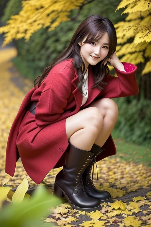 Japanese model wearing a red coat and black boots sitting on a yellow leaf,  Elegant Japanese woman,   wearing a red jacket , Cute Japanese Actress,  looking at the camera 、Detailed and beautiful eyes、Cute smile、A soft and gentle look