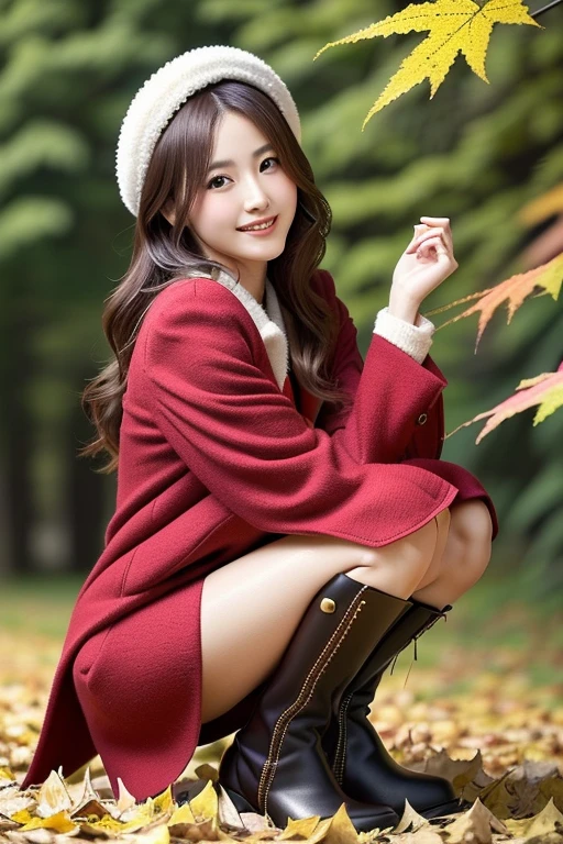 Japanese model wearing a red coat and black boots sitting on a yellow leaf,  Elegant Japanese woman,   wearing a red jacket , Cute Japanese Actress,  looking at the camera 、Detailed and beautiful eyes、Cute smile、A soft and gentle look