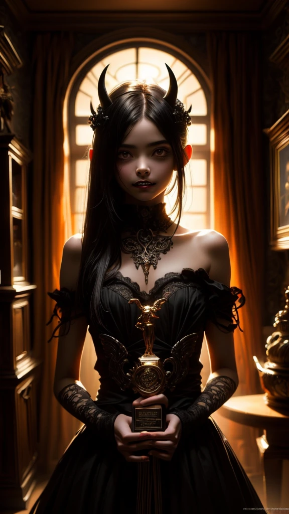 A hauntingly beautiful succubus, dark and alluring, (1girl, detailed face, intricate horns, glowing eyes, sharp fangs, elegant gothic dress, flowing black hair:1.2), dark fantasy, dramatic lighting, (cinematic, moody, atmospheric:1.1), (dramatic, emotive, mystical:1.1), (detailed, highly realistic, award winning digital art:1.4), rich color palette, dramatic chiaroscuro, (glowing, ethereal, otherworldly:1.2), (tempting, seductive, bewitching:1.3), (lonely, melancholic, tragic:1.1), dark romance, (burning, smoldering, passionate:1.2), (surrender, submission, devotion:1.2), (embrace, envelop, consume:1.2), (darkness, shadow, night:1.1), streaked hair, white hair, black hair, drill hair, light smile, seductive smile, excited, photorealistic, Gothic art, anime, anime style, ray tracing, god rays, cinematic lighting, cowboy shot, best quality, super detail, high details, anatomically correct