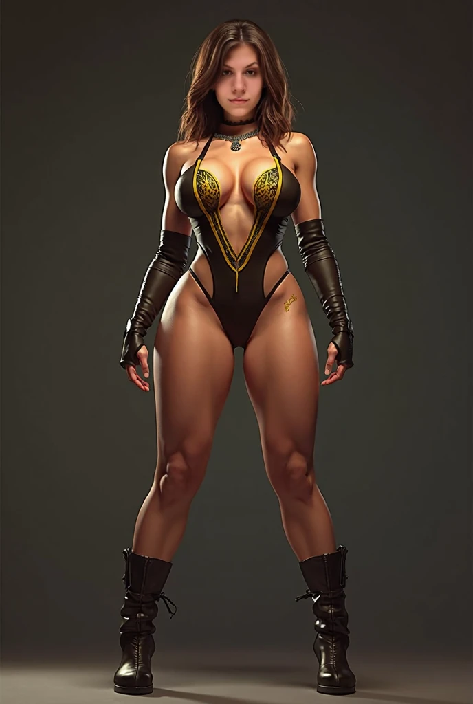 bronze skin, tanned, gorgeous woman, full body shot, lithe, blank background, black background, white tunic, leg slit, brown leather boots, laced leather pants