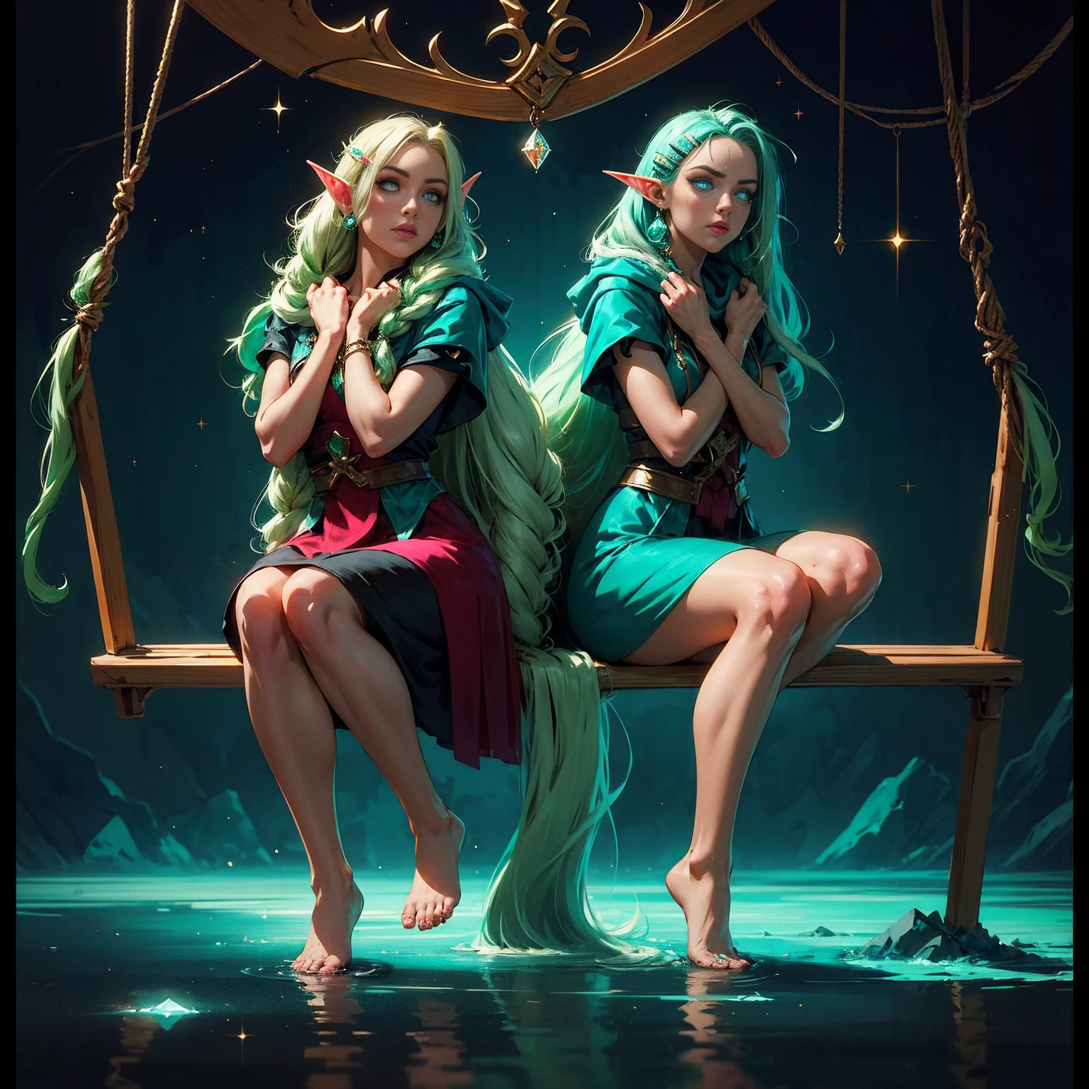 sitting on a swing, CLENCHING HANDS,full body, 1girl, elf ears, elven princess, green hair, gradient hair, long braid hair, dreadlocks, hairclip, hair ornament, jewelry, forehead jewel, hood down, star-shaped pupils, gradient eyes, aqua eyes, pointy ears, crystal earrings, serious, bright pupils, flustered, anime, anime style, anime, anime, sparkle, glowing light, reflection light, vignetting, reference sheet, from side, lens flare, ((masterpiece))