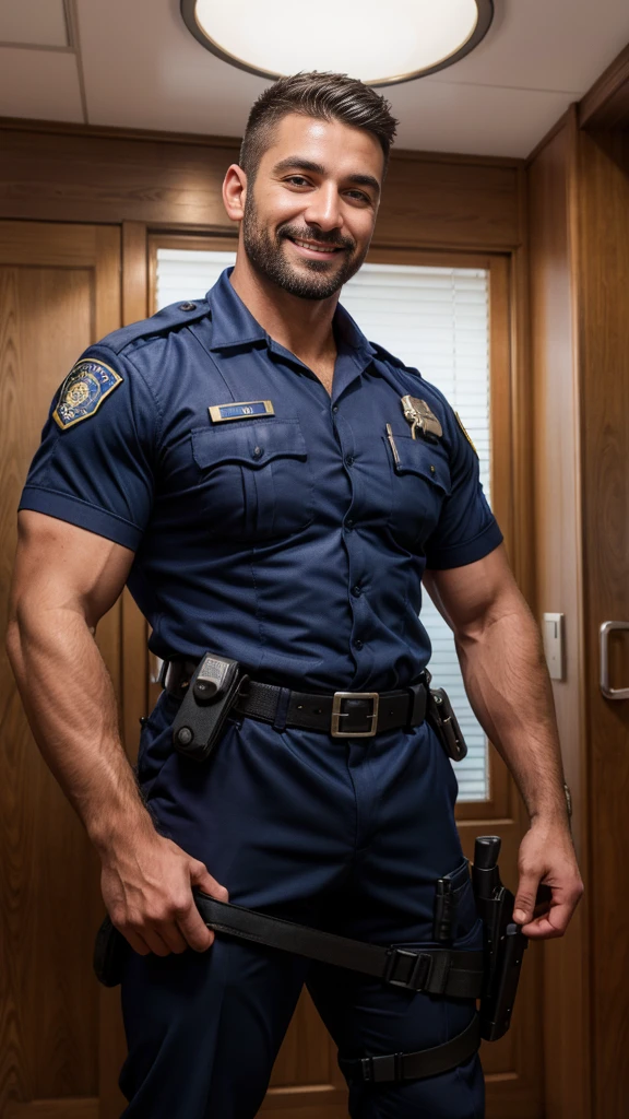 photography, best quality, high resolution, male focus, a cop workin with a tight police uniform, police holster belt,  police holster thigh, slim waist, thighs,  him have a muscular chest wearing cop shirt, day light, wide shoulders, slim commom shape, very virile, 37yo cop, solo, wavy short messy hair style, atractive smile, facial hair, roman nose, cozy uniform, front view, HDR, ultra quality, elegant pose, highly detailed face