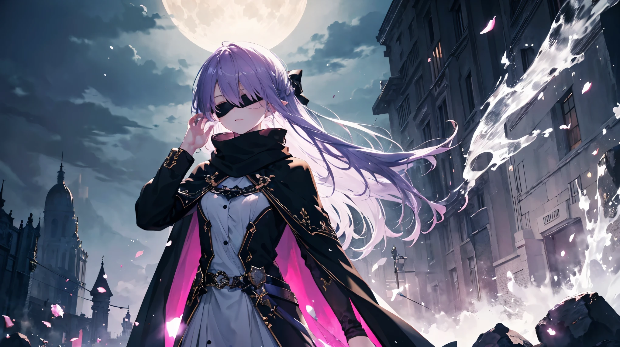   high quality, masterpiece, Delicate hair, Delicate Eyes, Delicate hair, ((masterpiece, 最  high quality)),   high quality, masterpiece, Delicate hair, Delicate Eyes,    one girl shaking her hips ,(Purple Hair)),((Blindfold)),(( Hides Both Eyes )),((Eye mask)), Daikon,Long Hair,Elf Ears,(Black Longsword ),(loose Long Hair),((Black Cape)),(Cape Hood),(Red Stove  ),scarf,Moon in the Sky, knight ,  Floating Purple Flowers Fall,    strong shadows    ,Ash,,ice,((Ink wAsh painting)),((ink splAshing)),((color splAshing)),