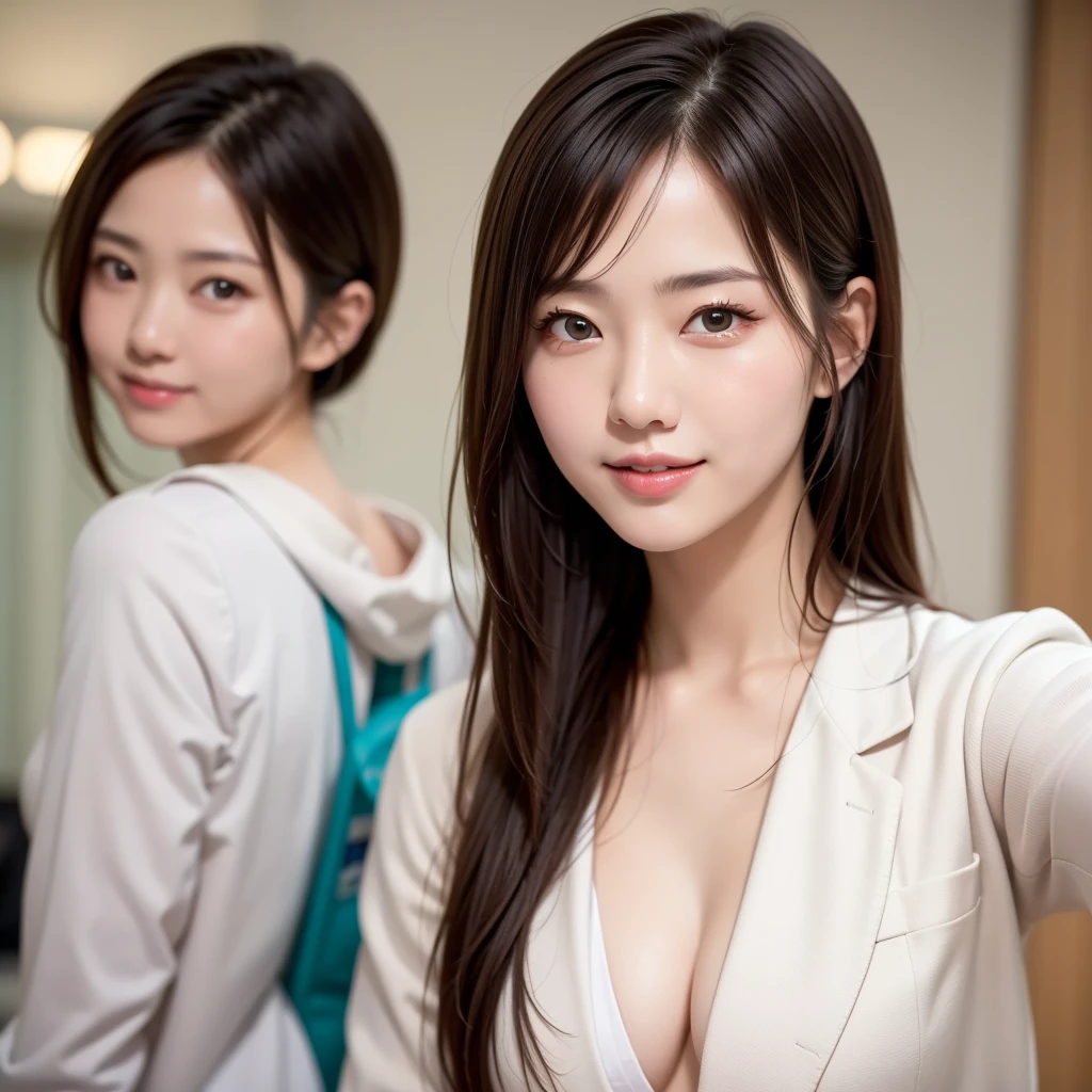 ( cowboy shot:1.2),  graceful slim asian woman smiling, Japanese, wear ((( wearing a white coat over a scrub ))), Brown Hair, (Ehehe face , :1.5), ( modern hospital room ), photograph,  1 girl, 超 Kampala, realistic photographrealistic, Super detailed, fine,  Kampala,  perfect dynamic composition , (Perfect Eyes), (Detailed eyes),  solid circle eyes , Accurate,   sparkling eyes , ( cleans the eyes ),  Anatomically Accurate ,   super detail in the crowd,  textured skin,  extremely detailed faces and eyes ,   Detailed Facial Features , (( perfect face)), JP_Model