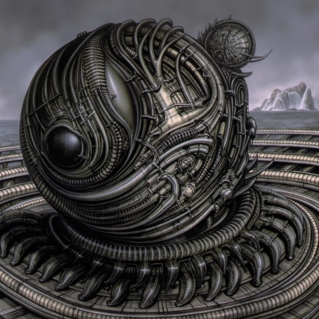 HRGGR, The image is a detailed view of H.R. Giger's biomechanical tableau \" LANDSCAPE No 312 \" plate, featuring a complex, intricate, and detailed design of endless Machine in the transit space over the cascade of fallen water, that appears to be a fusion of organic and mechanical elements, with a focus on the interplay between the two.The piece is a tableau, most likely created with a India ink pen or pencil on paper, determined by the thin lines, shading techniques, and the texture of the paper, which is visible around the edges. Used is pen, given the shading and variations in line weight visible in the image. Artist have used a variety of stylus with different degrees of hardness to achieve the shading effects. The use of undersaturated green-grays dark contrasts creates a stark and graphic look. Is used a variety of linework techniques to create different textures. Fine, parallel lines create a smooth, metallic texture,while thicker, more cursive lines suggest cables or wires. Light source from the top highlights skeletals, pper part of foreground, lower part of image is in shadowupper part of foreground, lower part of image is in shadow. The art performance showcases the artist’s skills in observation and rendering. The level of detail in the piece suggests a close study of real bone specimens and mechanics. The artist has skillfully used shading techniques to create a convincing illusion of three-dimensionality on a flat surface. The wrinkles and cracks in the surface, and the cast shadows with accuracy, used shading techniques to create a realistic depiction of light and shadow on the objects. This creates a sense of depth and dimension in the image. The artist has used careful linework to depict the contours and textures in the piece Sharp focus on foreground elements illustration. Deep and delicate DOF. Big painting. Stored in Louvre masterpiece, ooze soaked pajama top