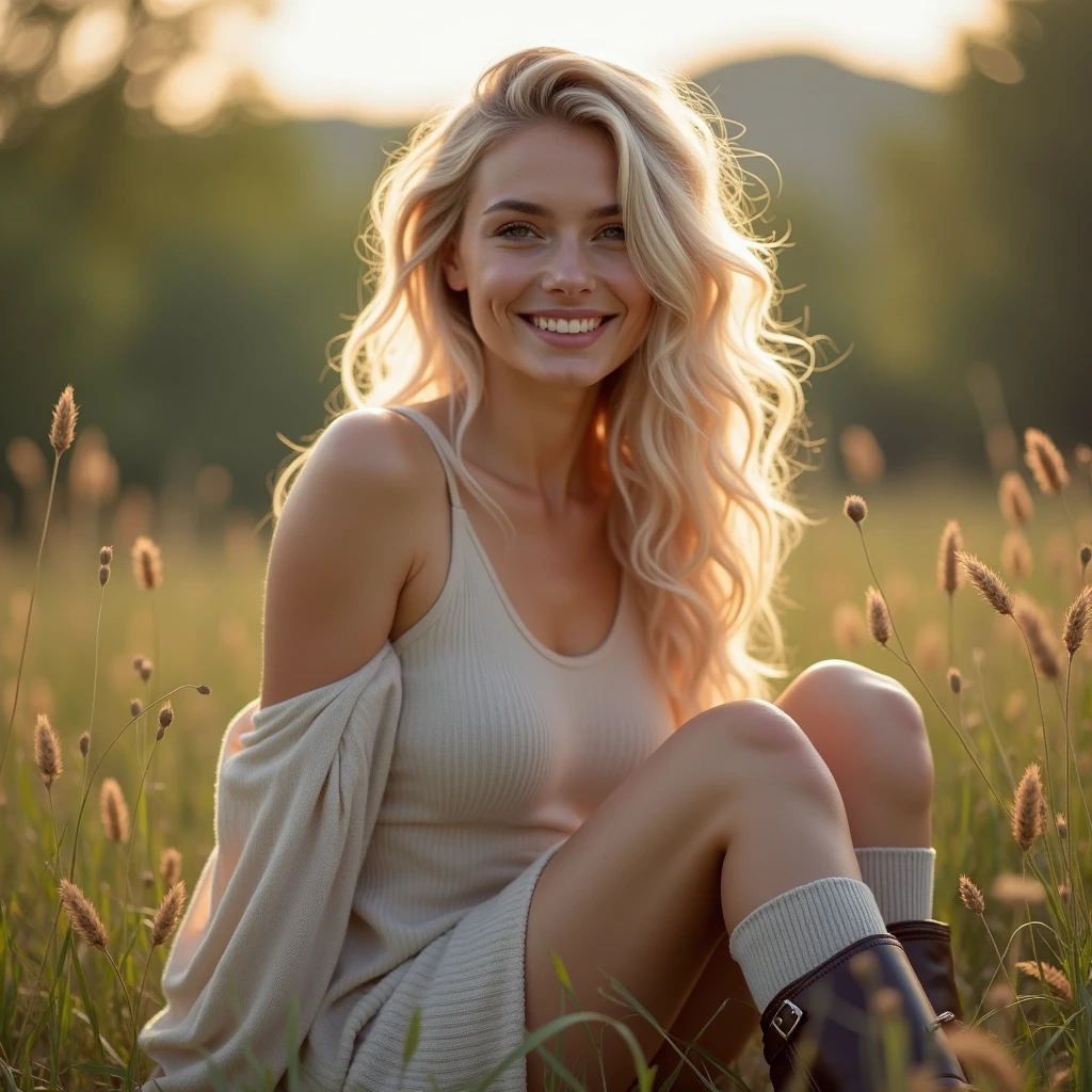 A blonde girl with curly hair, smile and big breasts sits with her legs stretched out, taking a realistic photo