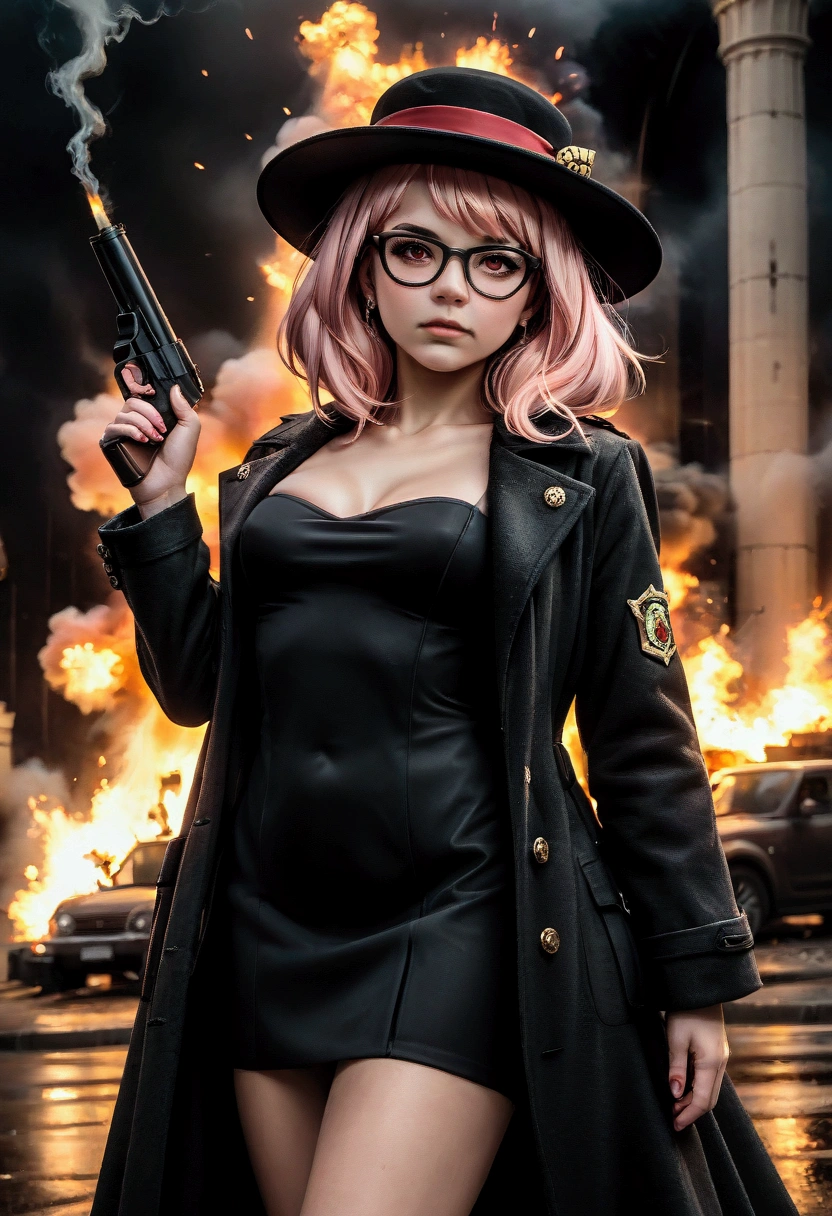 teenager Anya Forger (Spy x Family), pink hair, in a secret mission, wearing a smoking under a open coat, using black glasses, using a black hat, posing with a gun in her hands, in the back there are a explosion