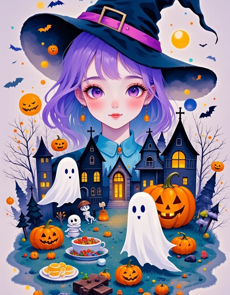 1wsjsm1, Western-style ，水墨Blooming，Halloween Poster，Super cute，HD vivid，Ghost Image， Cute Characters ， cartoon style， Ghosts a Tea  at a Cheerful Graveyard， Smiling Ghost ， Decorated Tombstones ， Glowing Pumpkin ， Floating Teacups ， Friendly Skeleton Butler ，Purple moonshine，A magical breath， This work Playful ，meticulous，欢快的 cartoon style， bright colors ，Playful Light and Shadow ，Double Exposure，Reflection、Themes of inner peace and the interconnectedness of people and nature，Dopamine Hue，Ink Painting，Blooming，Minimalism, panoramic，Wide Angle， for the audience 