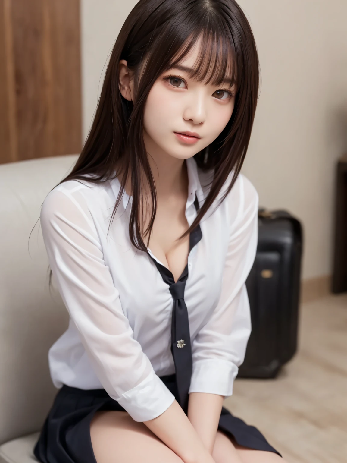 (Slender women : 1.8), ( high school girl uniform : 1.3), skirt、Complex and beautiful eyes, woman, Womanly black hair、(Delicate and realistic hair、1 bottle１Realistic hair)、bangs, Natural Color Lip, smile、(sit down on the shair : 2.0)、indoor、((18歳woman:1.******ung and adorable Japanese face, Official Art, Highly detailed CG Unity 8k wallpaper，（masterpiece:1.0),(Best Quality:1.0), 超High resolution,4K,Very detailed, photo shoot, 8k, High resolution, Kodak Portrait 400, Film Grain, Lens flare glow,高いest quality,8k, (nsfw:1.2), Portrait Shot, 8k、Show Viewer, (((Front View))), ((Facing))、Body facing forward, Bold cleavage, Firm breasts、(Small face : 1.4), Highest quality, Super beautiful images, yellow race